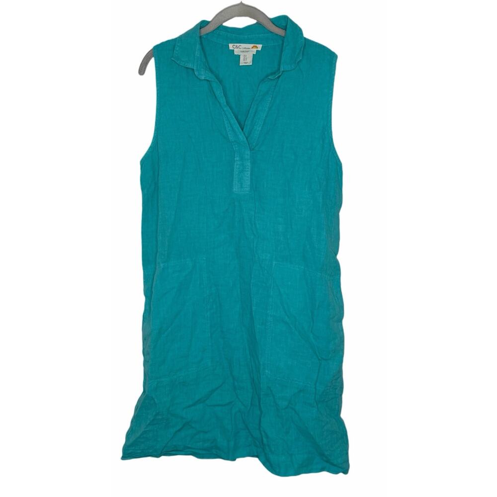 C&C California 100% Linen Teal Lightweight Sleeveless Dress Size 8